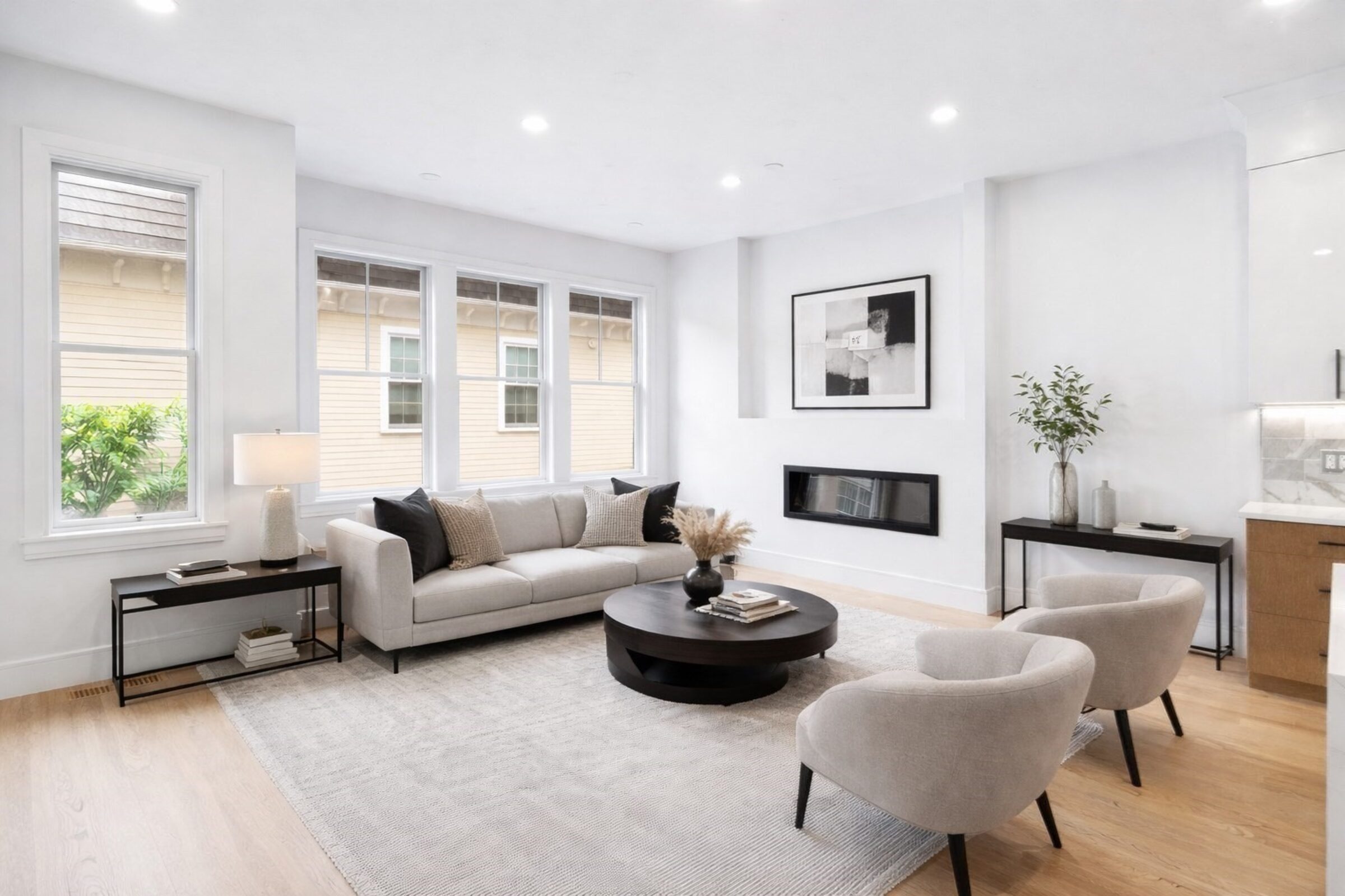 Living room with a built-in fireplace, gray sofa, and armchairs on an area rug.