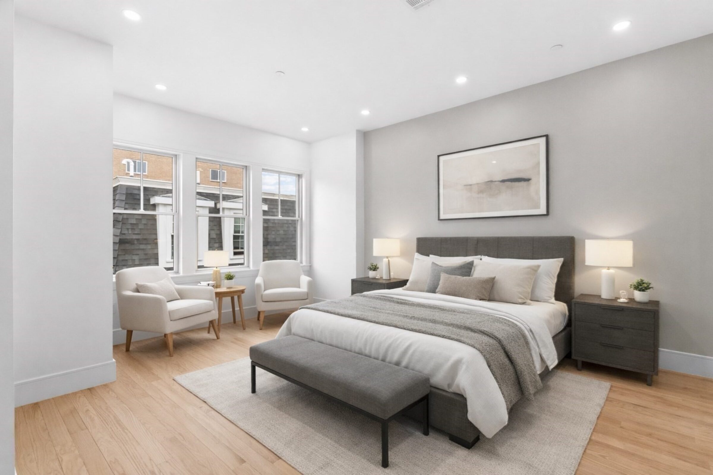 Bedroom with a sitting area and two upholstered armchairs by dormer windows.